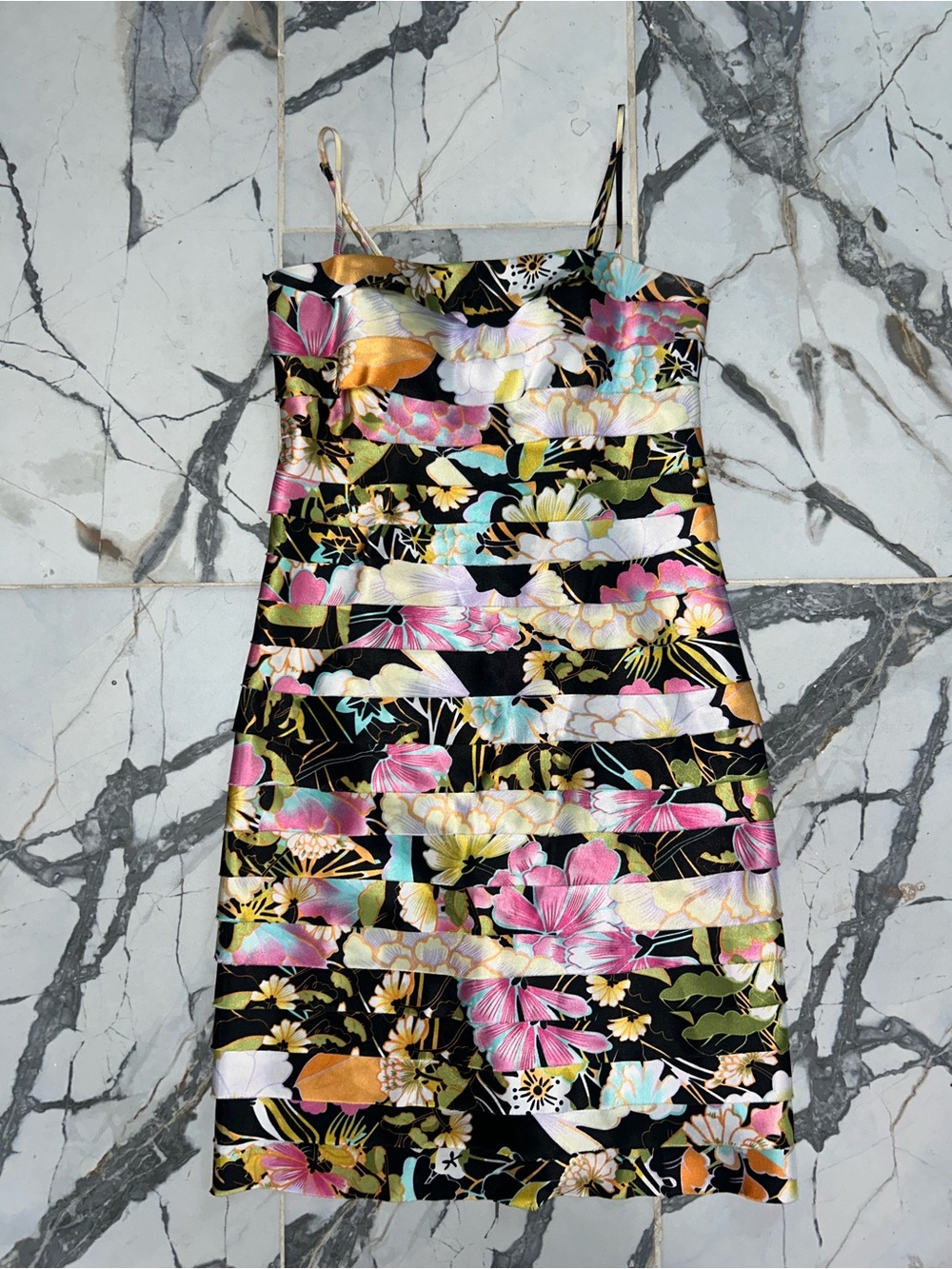 Floral Striped Satin Vintage Y2K Dress in Black and Multicolor